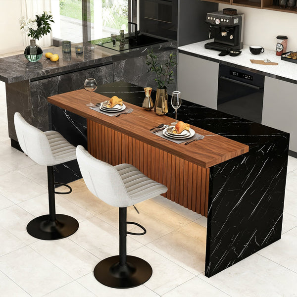 English Elm 63" Contemporary Kitchen Island Set With Beige Bar Stools, Led Lighting & Stylish Black Marble Top W2699S00073