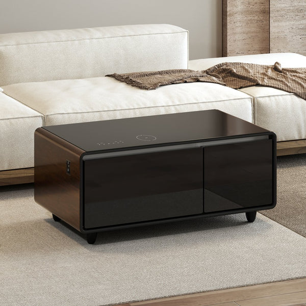 English Elm Modern Smart Coffee Table with Built-In Fridge Drawers, Bluetooth Speaker, Wireless Charger, Touch Panel Lighting and USB Ports Brown W1172P354255