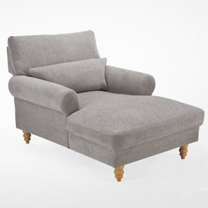 English Elm Upholstered Chaise Lounge Rolled Arms Reclining Back Foam Cushion Elegant Wood Feet Light Gray T3623P411642