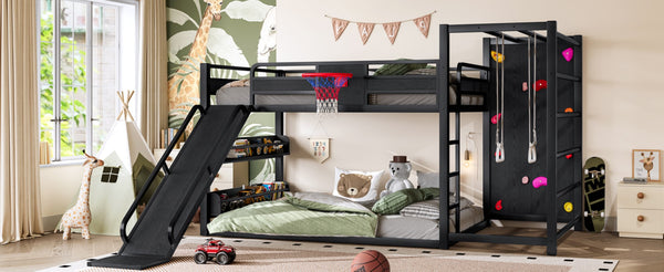 English Elm Twin Metal Loft Bed with Slide Basketball Hoop Climbing Wall and Built-in Shelves W1580S00343