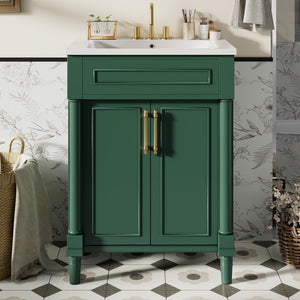 English Elm 24" Bathroom Vanity with Integrated Ceramic Sink and Adjustable Shelf, Vintage Hardware, Space-Saving Design Green N710P277711F