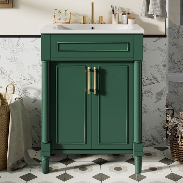 English Elm 24" Bathroom Vanity with Integrated Ceramic Sink and Adjustable Shelf, Vintage Hardware, Space-Saving Design Green N710P277711F