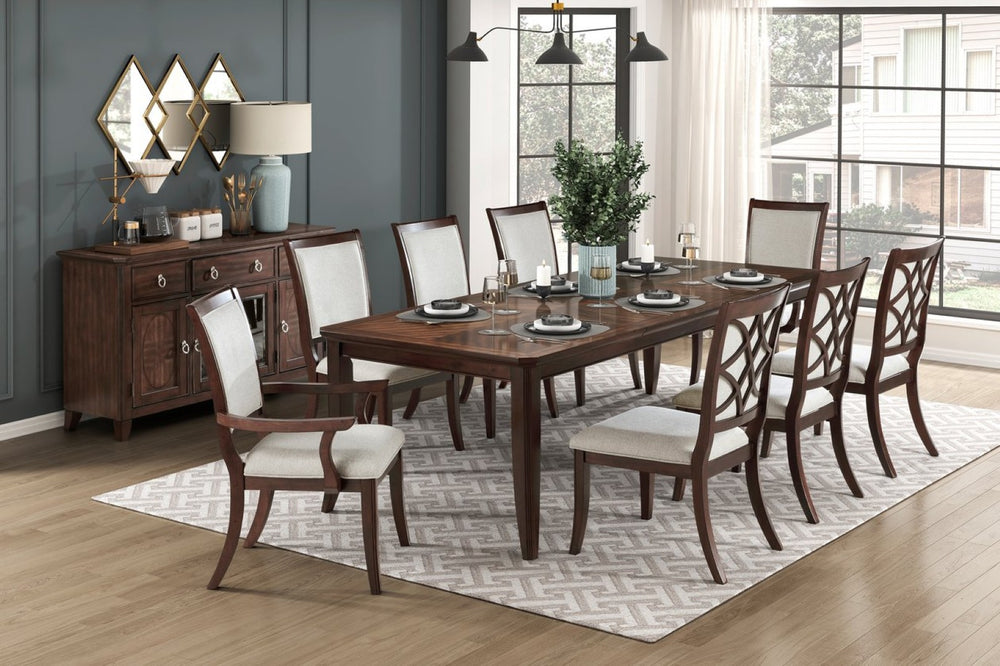 English Elm Formal Cherry Wood Extendable Dining Set with Walnut Inlay High Back Chairs B011S02264