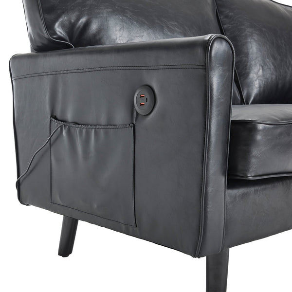 English Elm Loveseat Mid Century Modern Two-Seater Sofa with USB Type-C Charging, Removable Zipper Covers, Durable Wood Legs Black PU W395P238820