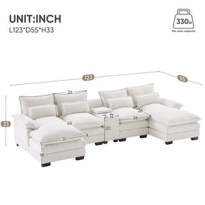 English Elm 123*55" Modern U-shaped Sofa with Console and Cupholders, USB Ports, Storage, Plush Chaise Luxury White GS008804AAA