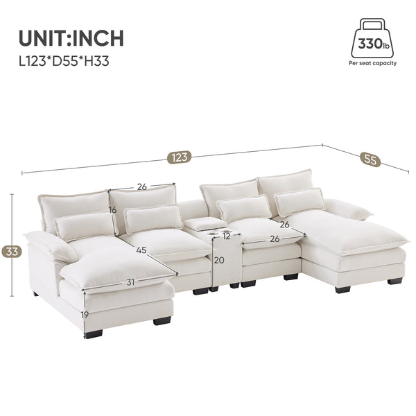 English Elm 123*55" Modern U-shaped Sofa with Console and Cupholders, USB Ports, Storage, Plush Chaise Luxury White GS008804AAA