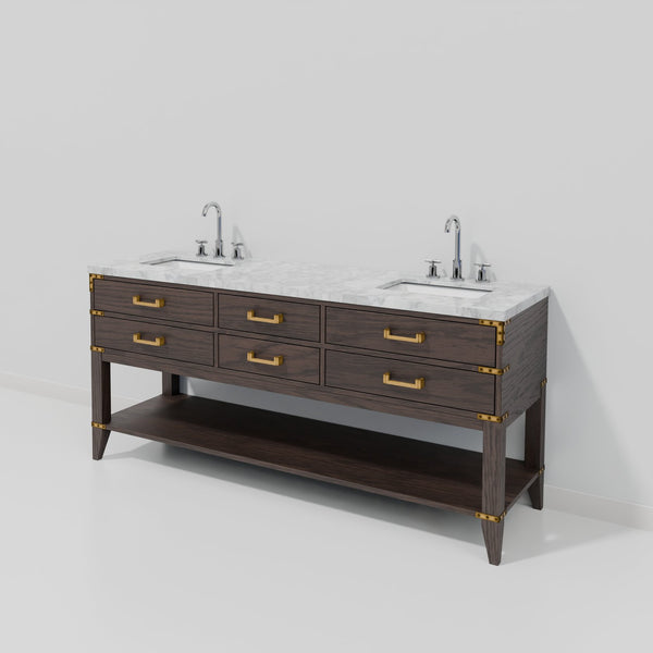 English Elm Brown Oak Double Vanity 72" W X 22" D With Carrara Marble Top & Chrome Faucet - Luxurious Storage! B2731P260294