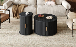 English Elm [Assembly Mid-Century Coffee Table Set with Tambour Sliding Doors, Fluted Round End Table, Gold Handles, Versatile Storage and Stylish Wooden Finish Black N721P351940B