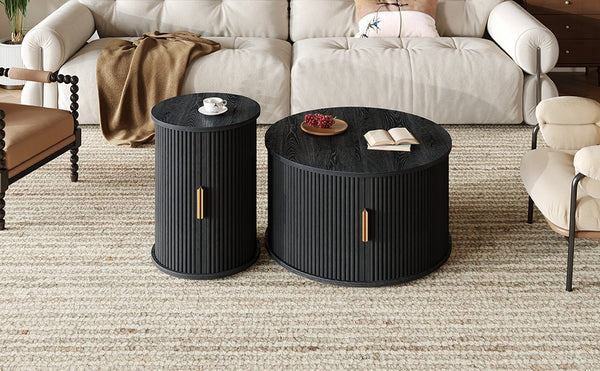 English Elm [Assembly Mid-Century Coffee Table Set with Tambour Sliding Doors, Fluted Round End Table, Gold Handles, Versatile Storage and Stylish Wooden Finish Black N721P351940B