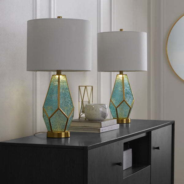 English Elm Glass Glam Table Lamp Set Two Linen Shade Nightstand Bedroom Accent Lighting Gold,Turquoise,White B202P471579