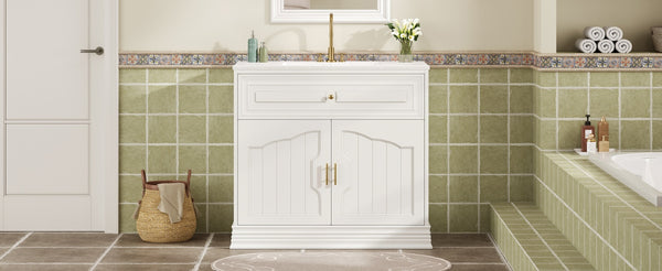 English Elm 36" Luxurious Bathroom Vanity with Ceramic Sink and Soft-Close Doors, Solid Wood Frame, Adjustable Shelves White N710P288944K