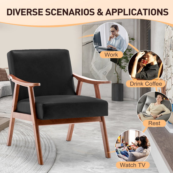 English Elm Mid-Century curved armchair with solid wood frame, extra-thick backrest, comfy lounge seat for home decor Black PU W2200P186174