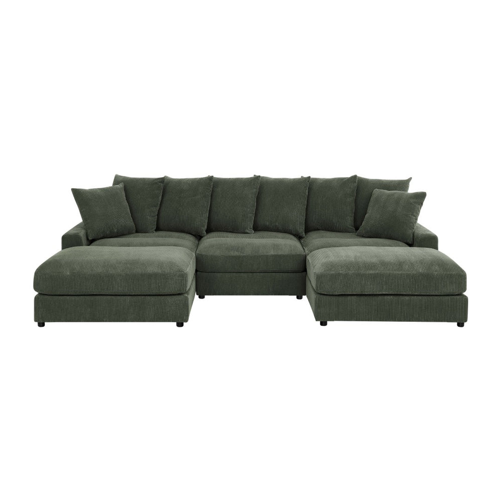 English Elm Reversible Corduroy Sectional with Ottoman Foam Cushions and Contrast Stitching Antique Green B343S00048