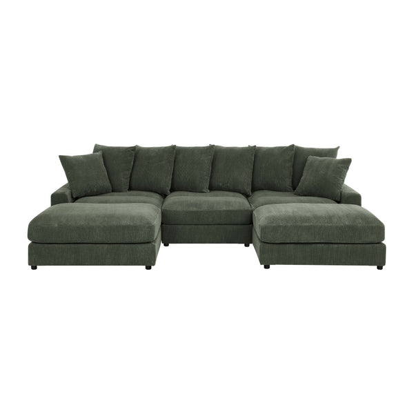 English Elm Reversible Corduroy Sectional with Ottoman Foam Cushions and Contrast Stitching Antique Green B343S00048
