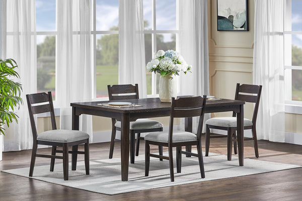 English Elm 5pc Round Dining Set with Woodgrain Top and Metal Frame, Curved Upholstered Chairs for Modern Homes Brown,Dark Oak,Light Gray 43.5 L x 75 W x 6.5 H B2741S00536