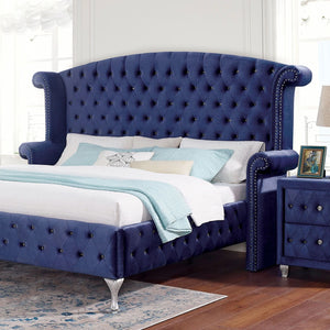 English Elm Glamorous Blue Velvet-Like Queen Bed with Tufted Wingback Headboard, Crystal Buttons & Nailhead Trim B2741S00211