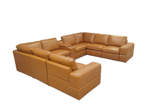 English Elm Premium Leather Match Sectional with Dual Recliners Console and Cup Holders Included Ginger B2748S00155