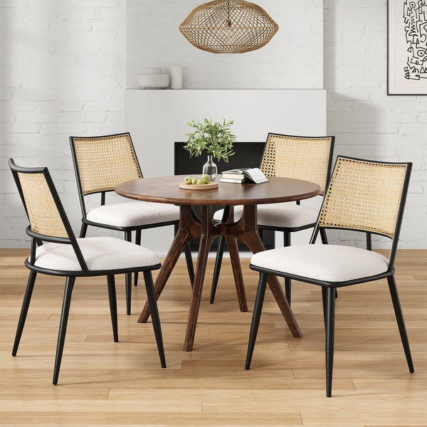 English Elm Dining Chairs Mid-Century Modern Rattan Backrest Bouclé Upholstered Metal Frame Comfortable Design LIGHT GREY T3623P379924