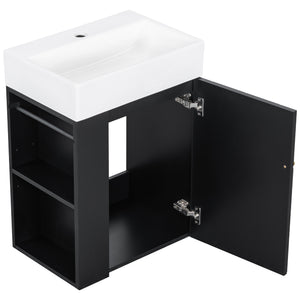 English Elm 20 Modern Wall-Mounted Bathroom Vanity with Ceramic Sink, Diamond Door, Gold Handles & Shelves — Compact Black N725P314033B