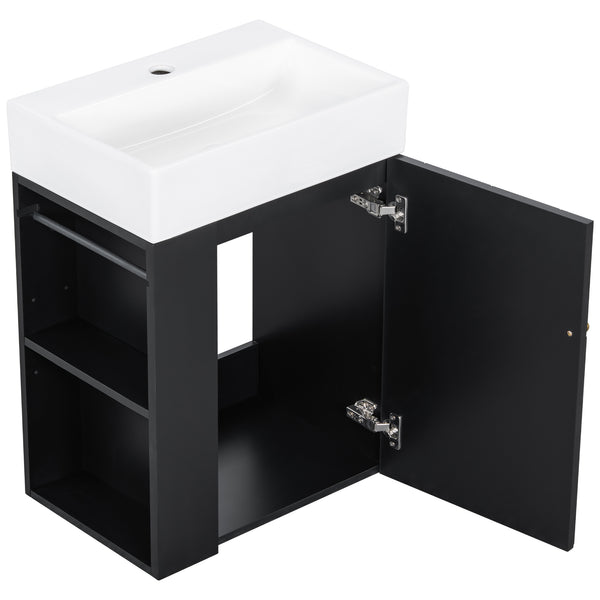 English Elm 20 Modern Wall-Mounted Bathroom Vanity with Ceramic Sink, Diamond Door, Gold Handles & Shelves — Compact Black N725P314033B