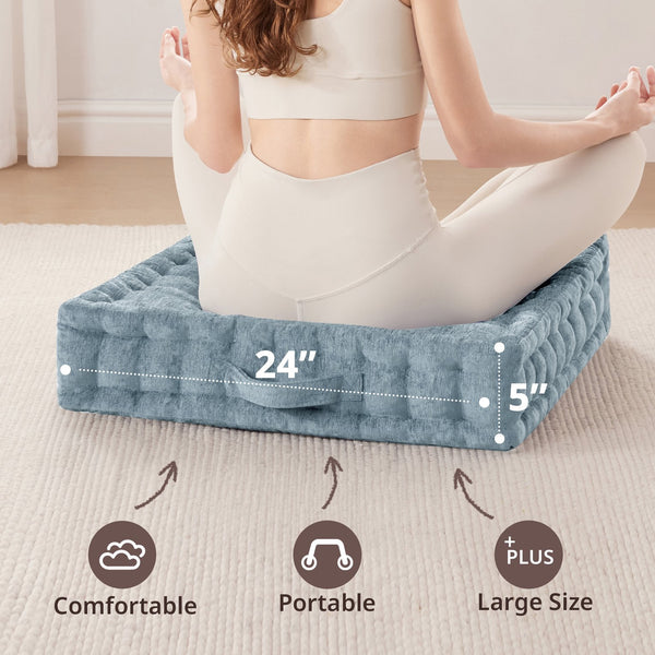 JLA Home Intelligent Design - Poly Chenille Square Floor Pillow Cushion with Tufted Scalloped Edge, OEKO-TEX Soft Plush Support Aqua ID31-2468