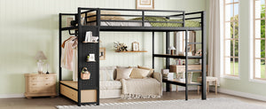 English Elm Queen Loft Bed Frame With Wardrobe & Shelves - Modern Metal Design For Space-Saving Storage & Work W1580S00233-GIGA