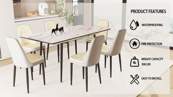 English Elm 47"-63" Extendable Dining Set Six Pu Leather Chairs Mdf Top Black Metal Legs Modern Beige Gray+White W2189S00921