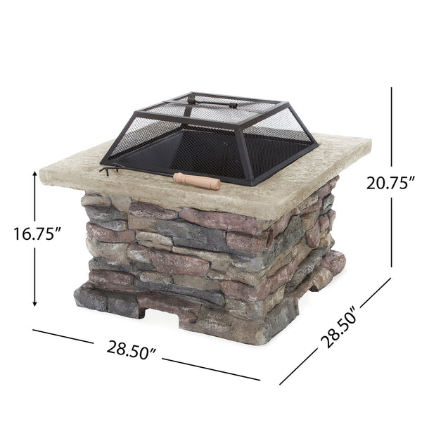 English Elm Christopher Knight Home® - 28" MGO Wood Burning Outdoor Fire Pit with Lid — Stone Gray MGO Base, Iron Bowl, Mesh Cover & Poker Tool 53657.00