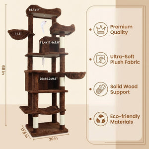 English Elm 68in Plush Brown Six Level Cat Tower with Sisal Posts Cave Hammock Indoor W243P450856