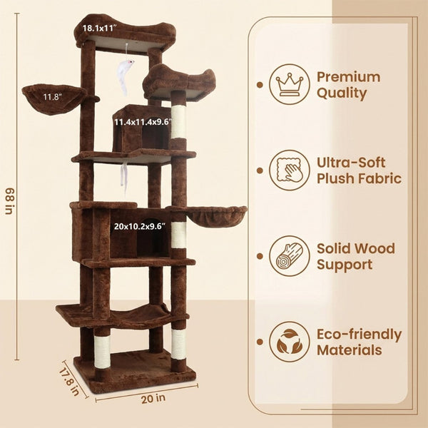 English Elm 68in Plush Brown Six Level Cat Tower with Sisal Posts Cave Hammock Indoor W243P450856