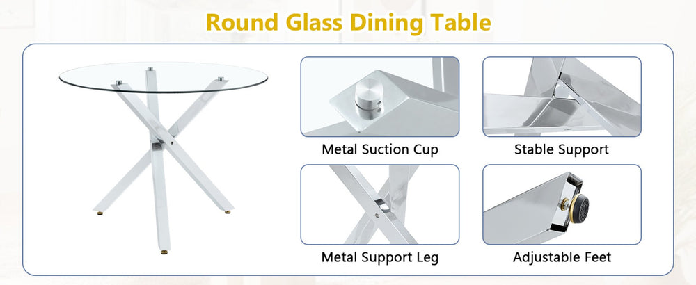 English Elm Table and Chair Set Round Tempered Glass Top Silver X-base Six Seat Modern Dining Transparent,White+Silver W1151S04813