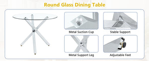 English Elm Table and Chair Set Round Tempered Glass Top Silver X-base Six Seat Modern Dining Transparent,White+Silver W1151S04813