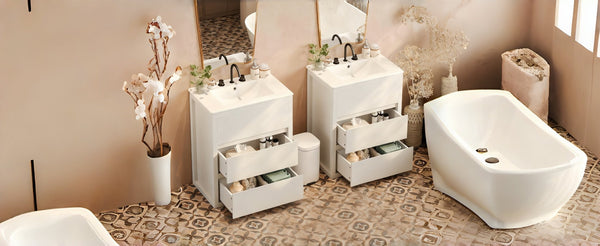 English Elm Christopher Knight Home® - 60" Double Sinks Bathroom Vanity Set with Two Ceramic Basins, Soft-Close Drawers, Sleek Handle-Free Design White N817P280550W