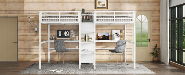 English Elm Twin Metal Loft Bed with Study Desk Wardrobe Shelving and Outlet for Kids Rooms W1580S00373