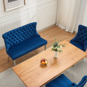 English Elm Velvet Wingback Dining Bench Tufted Two Seat Mid Century Modern Brushed Steel Base Blue W1143P406981