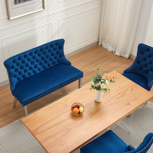 English Elm Velvet Wingback Dining Bench Tufted Two Seat Mid Century Modern Brushed Steel Base Blue W1143P406981
