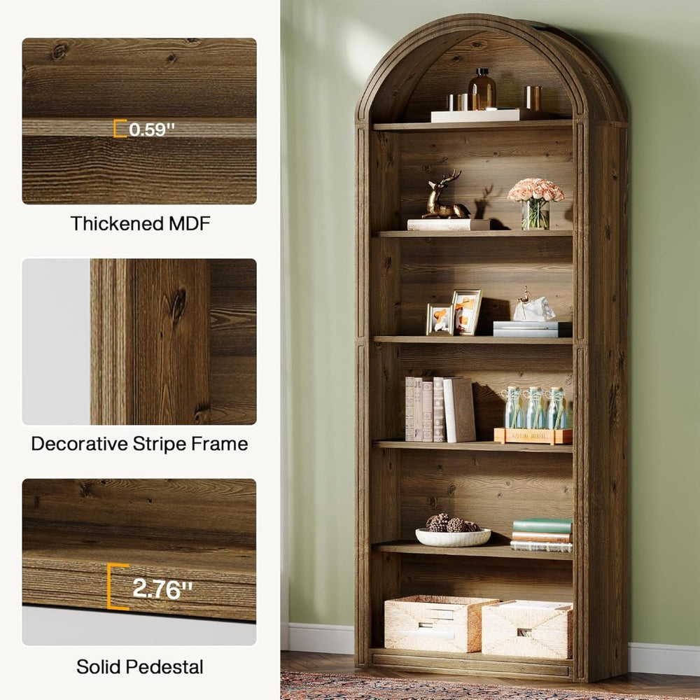 English Elm Storage Bookshelf with Vine Panel Design Seven Open Tiers for Living Room or Office T3971P461551