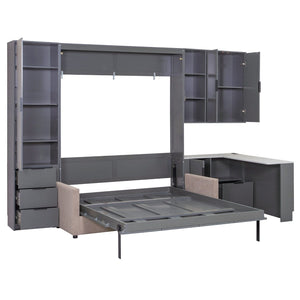 English Elm Queen Murphy Wall Bed Hydraulic Lift Velvet Sofa Built-in Shelves Led Studio Unit Dark Gray LP000392AAE