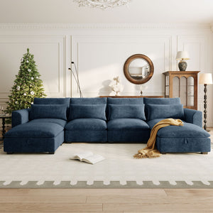 English Elm U_style Modular U-shaped Sectional Sofa Six Seat Linen Fabric with Storage Ottomans Dark Blue WY000491AAC