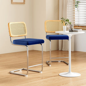 English Elm Farini Velvet Counter Height Bar Stools Set of 2 with Rattan Back, Cantilever Comfort & Floor Protectors Blue T3623P354968