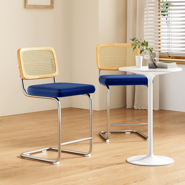 English Elm Farini Velvet Counter Height Bar Stools Set of 2 with Rattan Back, Cantilever Comfort & Floor Protectors Blue T3623P354968
