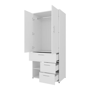 English Elm Upland Black Wood Armoire with Hanging Rod Drawers and Open Compartments B092S00277