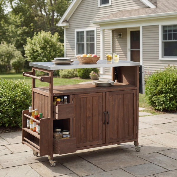 English Elm 54.33" Farmhouse Outdoor Kitchen Cart Solid Fir Frame Steel Top Storage Bbq Prep Brown N767P379702D