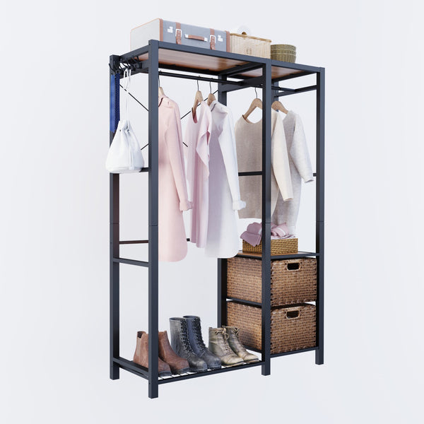 English Elm Acacia Wood Garment Rack with Shelves, 2 Wicker Drawers, 4 Hooks, Steel Frame, Rustic Organizing Solution W2391P289978
