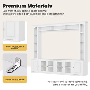 English Elm 4-Piece Modern Entertainment Center Wall Unit with Tempered Glass Doors, Adjustable Shelves, Designer Bridge and Cable Management for Spacious Living Room Storage White N721S000052K