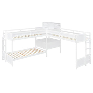 English Elm Twin L-shaped Bunk Bed Pine Wood Corner Design with Desk Drawers and Usb Charging White N820S00079K