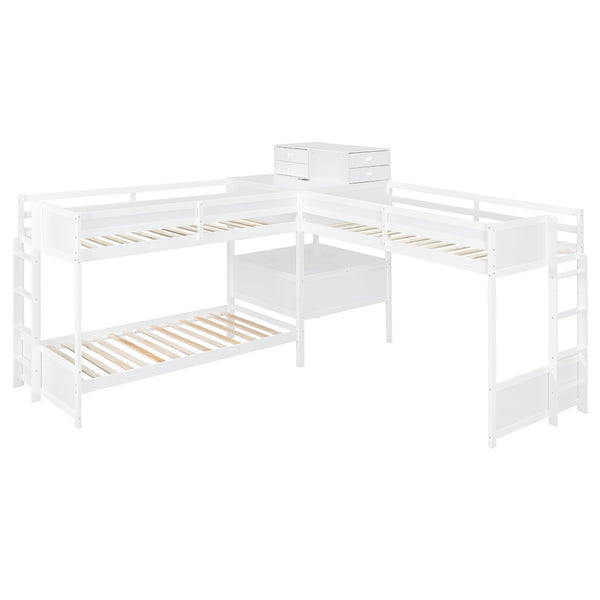 English Elm Twin L-shaped Bunk Bed Pine Wood Corner Design with Desk Drawers and Usb Charging White N820S00079K