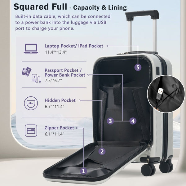 English Elm Front Access Hardside 3 Piece Travel Set with Usb Port Spinner Wheels and Tsa Lock Grey+White N732P326130D