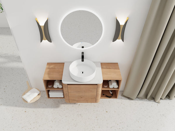 English Elm 48'' Wall-Mounted Bathroom Vanity With Elegant Ceramic Sink, Soft-Close Door & Dual Storage Shelves W999S00408