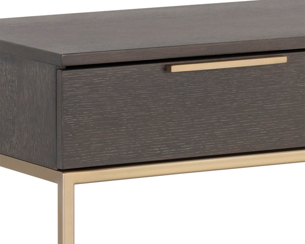 Sunpan Rebel Console Table: Modern Charcoal Oak Design with Soft Close Drawers and Stylish Gold Accents Gold / Charcoal Grey